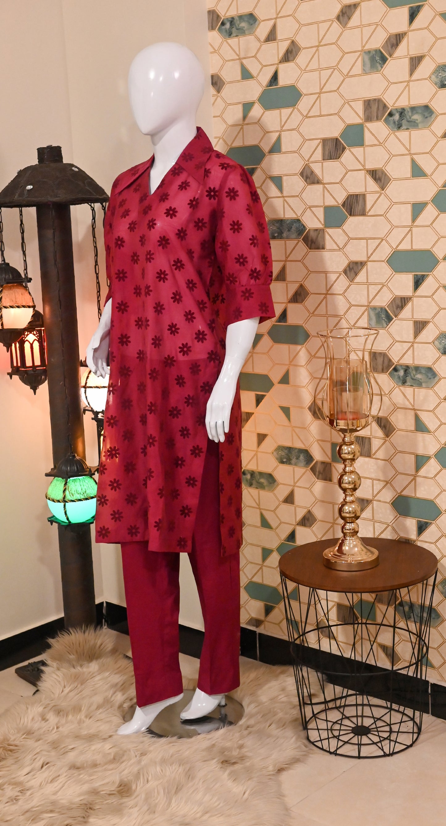 Maroon Embossed Floral Kurta Set
