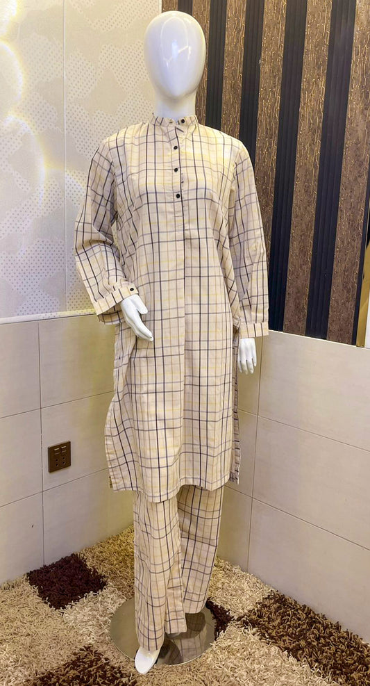 Beige Checked Cotton Kurta Set – Effortless Everyday Style