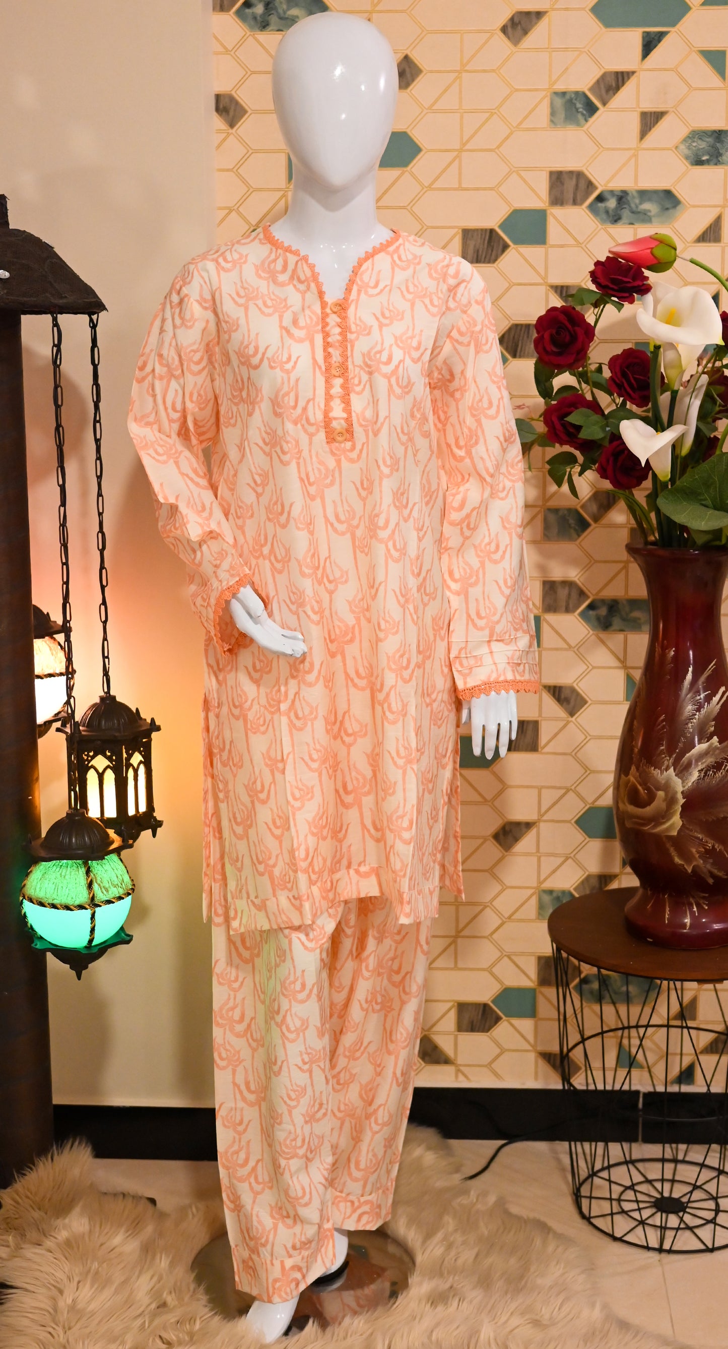 Peach and Off-White Printed Lawn Kurta Set