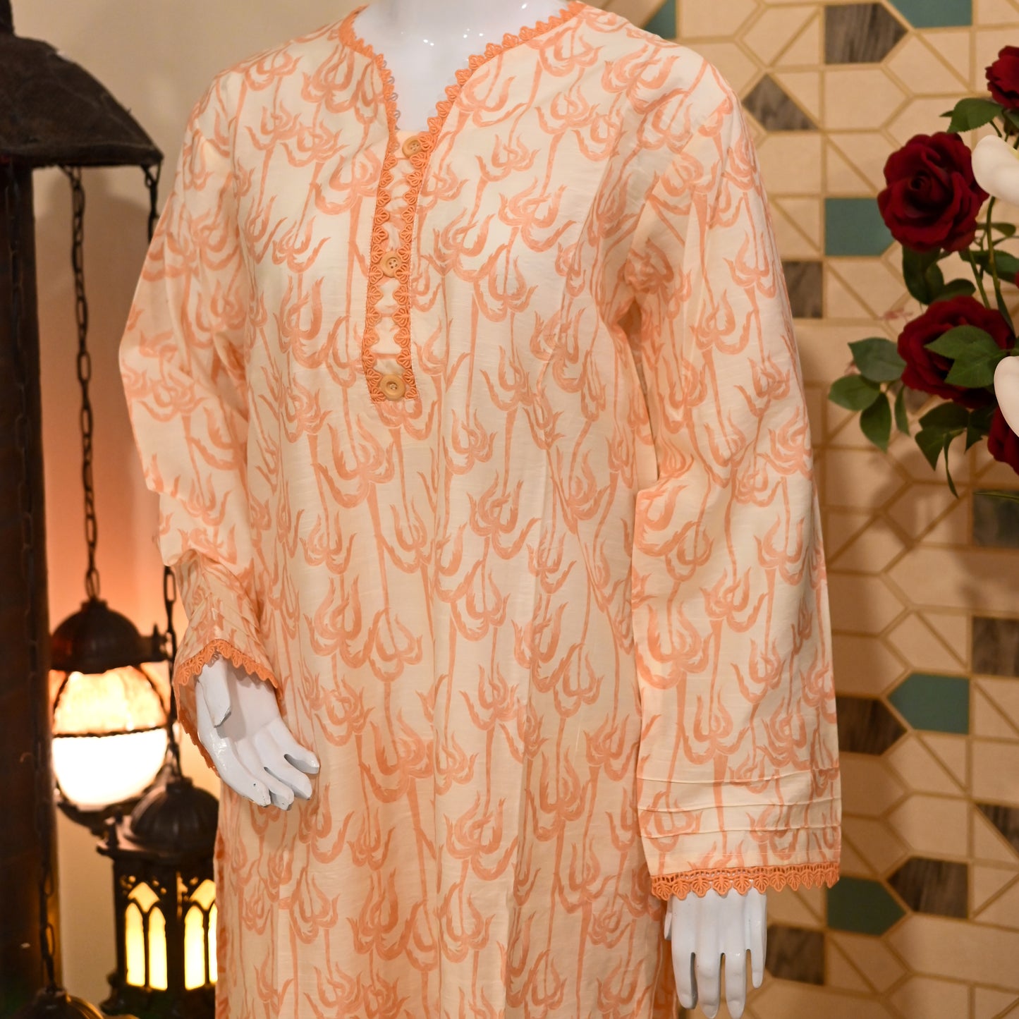 Peach and Off-White Printed Lawn Kurta Set