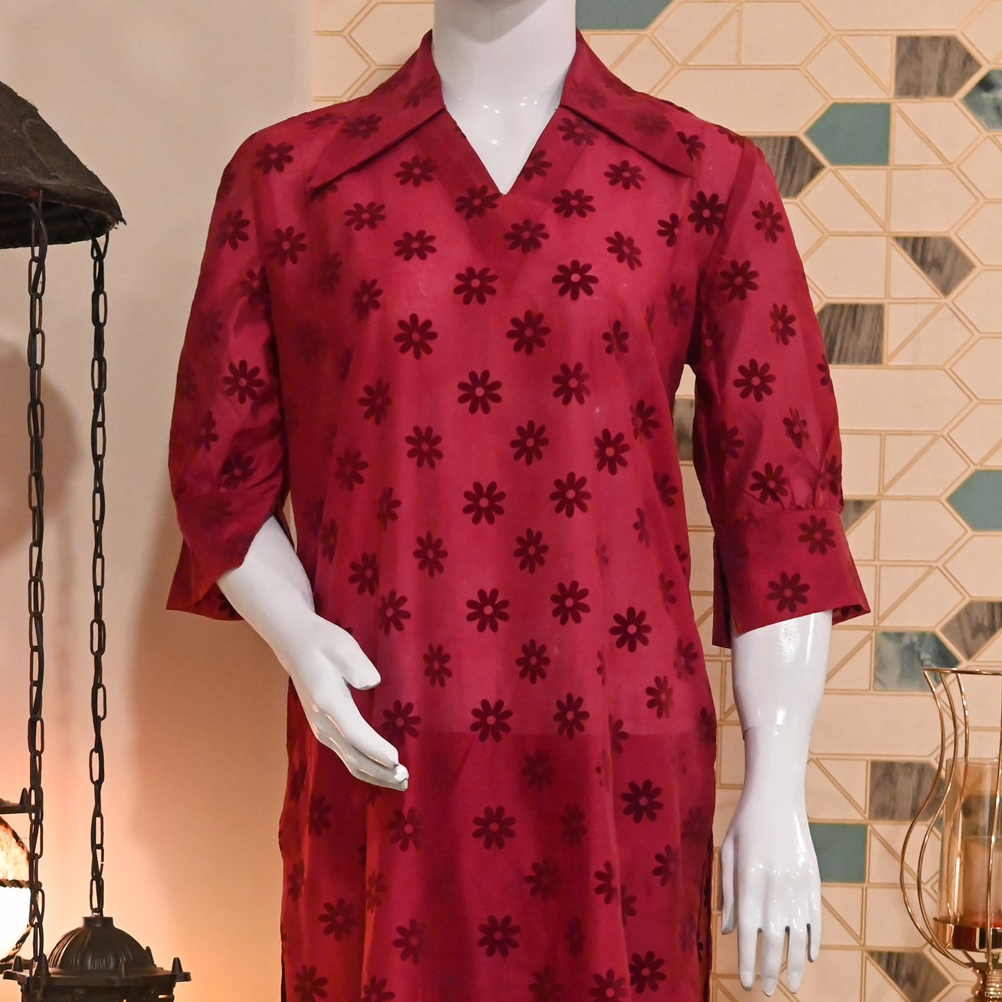 Maroon Embossed Floral Kurta Set