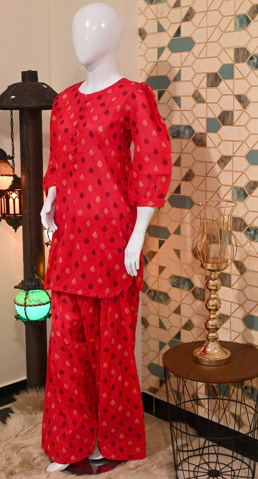 Shocking Pink Floral Print 2-Piece Suit with Farshi Shalwar