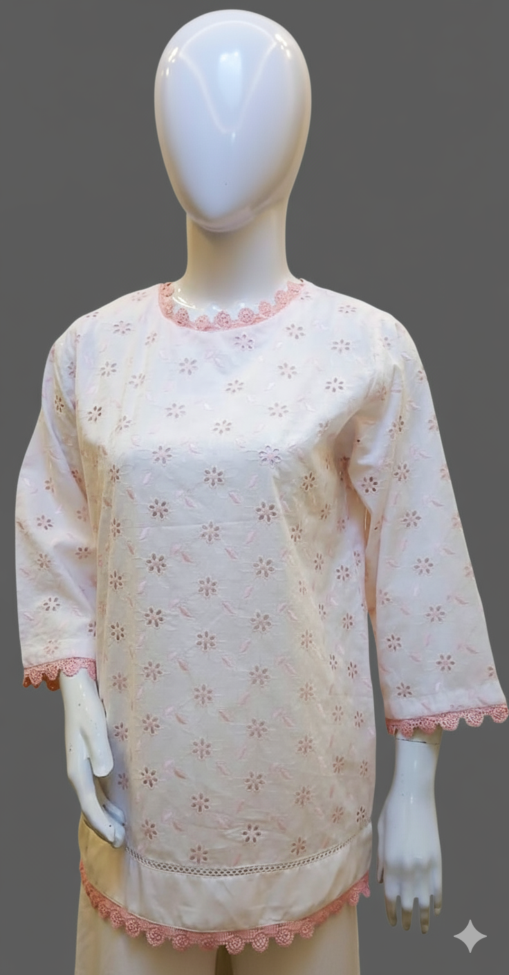 White Chicken Kari Kurti with Pink Lace Finish