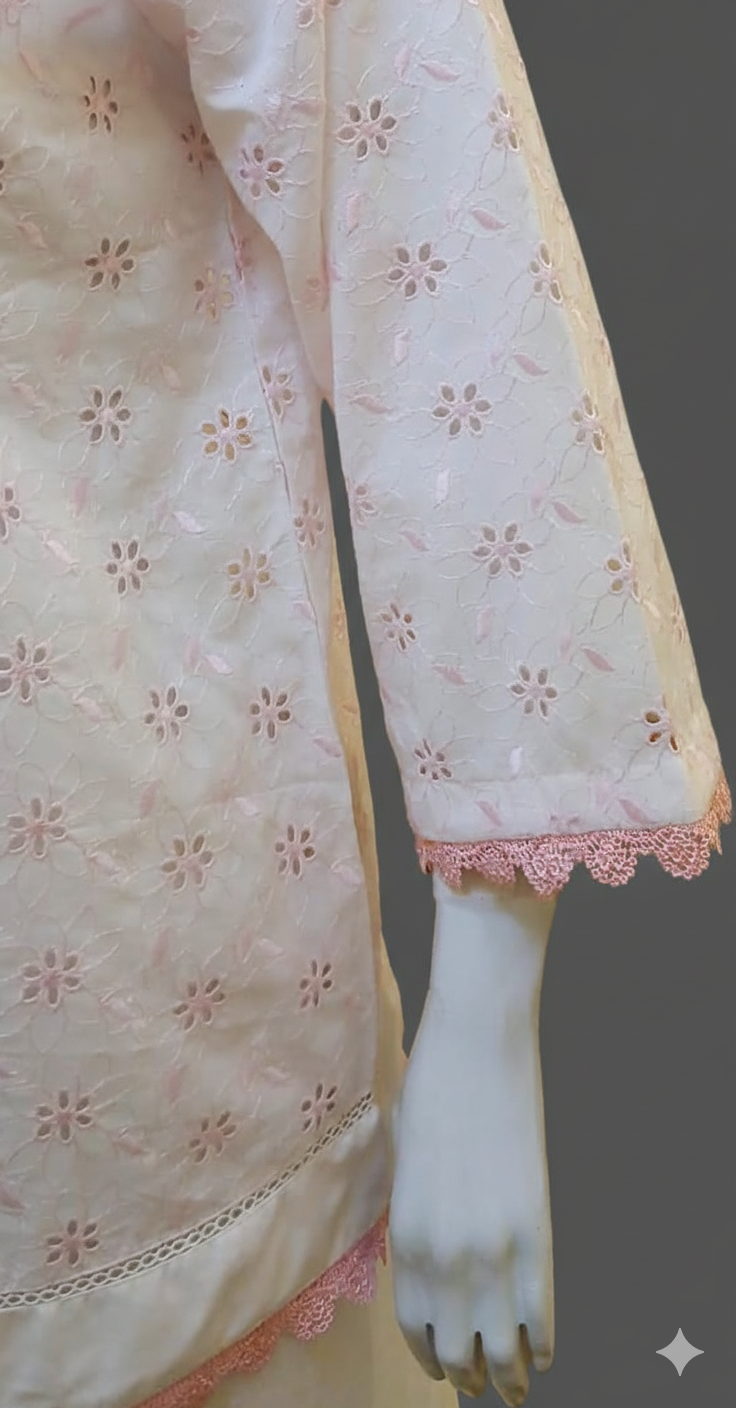White Chicken Kari Kurti with Pink Lace Finish