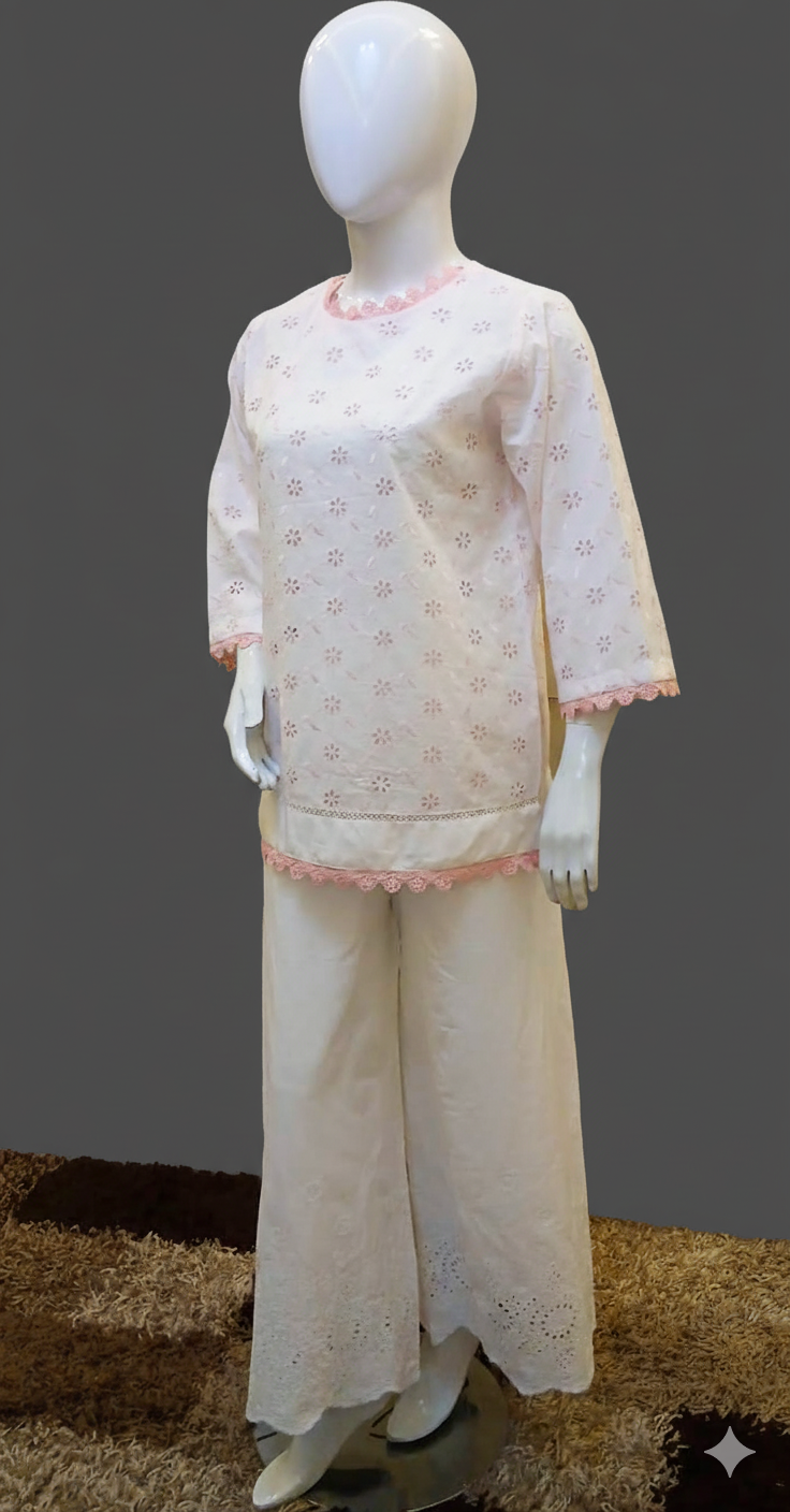 White Chicken Kari Kurti with Pink Lace Finish