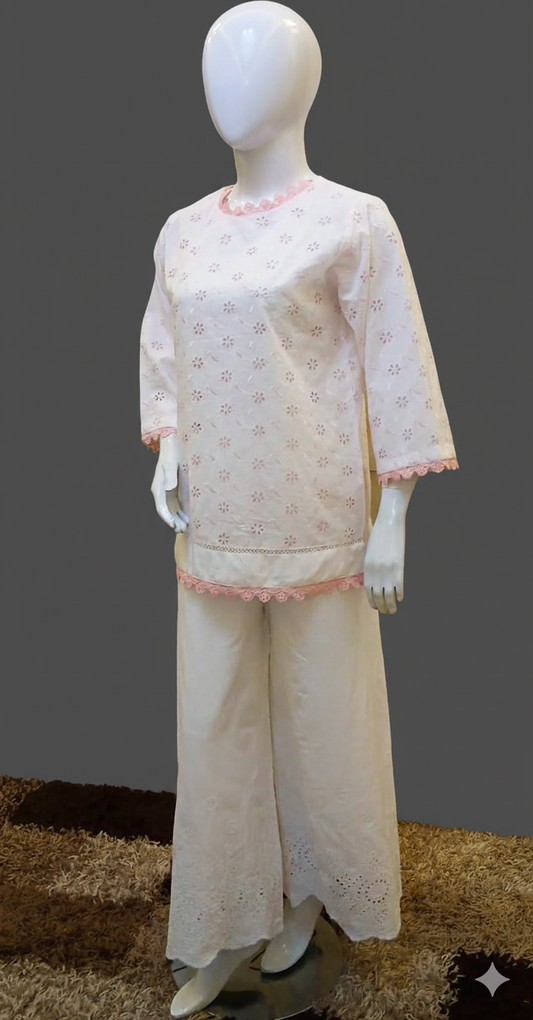 White Chicken Kari Kurti with Pink Lace Finish