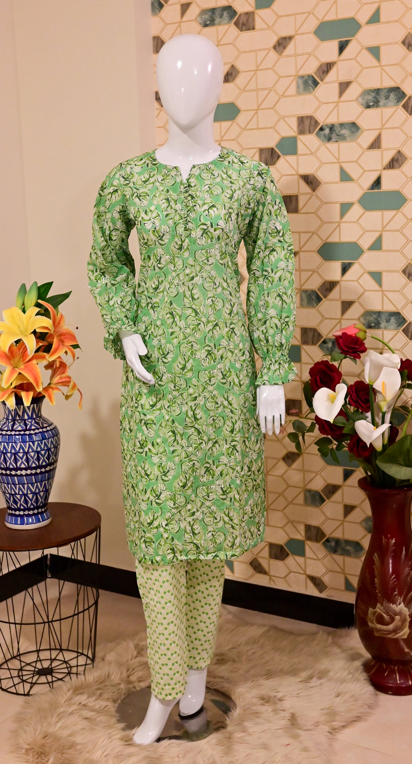 Fresh Leaf Printed Green Lawn Suit